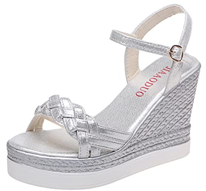 Ecoodisk Sandales compensées pour femme - Sandales d'été à plateforme - Chaussures à boucle - À enfiler - À bout ouvert - Tissage décontracté - Argenté - 33