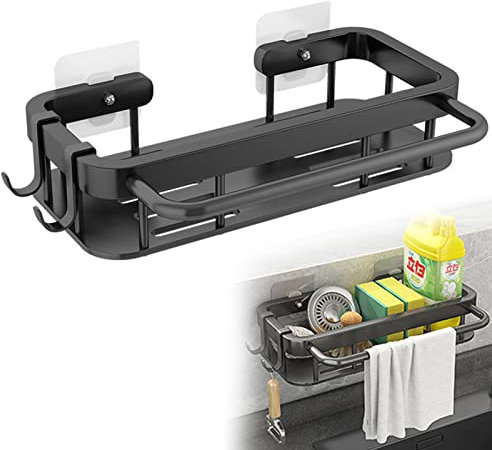 iTGOOS Kitchen Sink Storage Shelf, Kitchen Washing up Organiser, Kitchen Multifunctional Sink Caddy Removable Kitchen Sink Organiser, Wall Sink Caddy with Towel Rack and Hooks (Black)