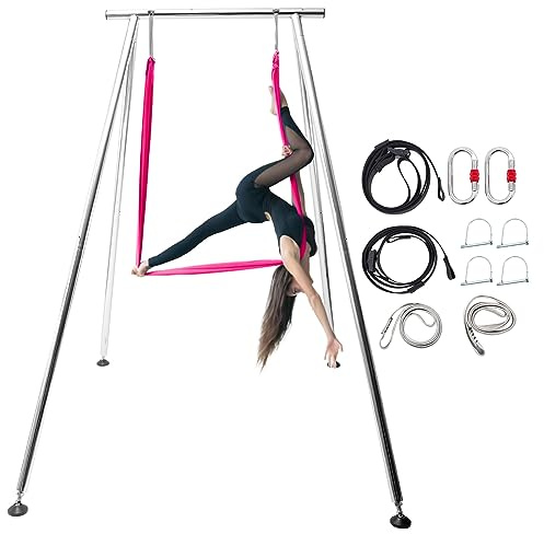 TECSPACE 9.6 FT/115.3 Inch Adjustable Height Aerial Yoga Frame & Hammock, Professtional Yoga Swing Stand Comes with 18 FT / 216.5 Inch Aerial Silk, Max Capacity 551 Lbs