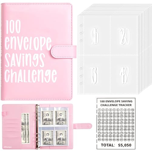 GEDunique 100 Envelopes Money Saving Challenge, New 100 Envelope Challenge Binder, Easy and Funny Way to Save $5,050 Budget Planner, 100 Day Envelope Challenge Kit Money Saving Book for Cash Pink