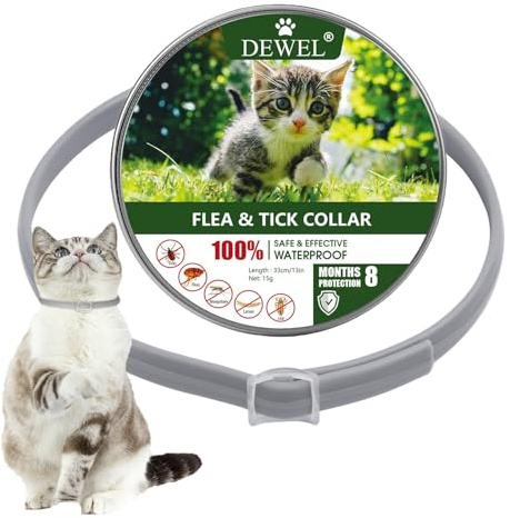 DEWEL Collar Antipulgas para Gatos, Collar Antiparasitario 8 Meses de Protección, Collar contra Pulgas y Garrapatas 34,5 cm para Gatos y Perros Pequeño (1, Gato)