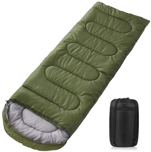 AQXONG Grüner Schlafsack, 220x85cm Wasserdichter Schlafsack mit Kompressionsbeutel, 3 Jahreszeiten Schlafsack 1.6kg, Tragbarer Schlafsack Geeignet für den Innen und Außenbereich, Tragbar und Leicht
