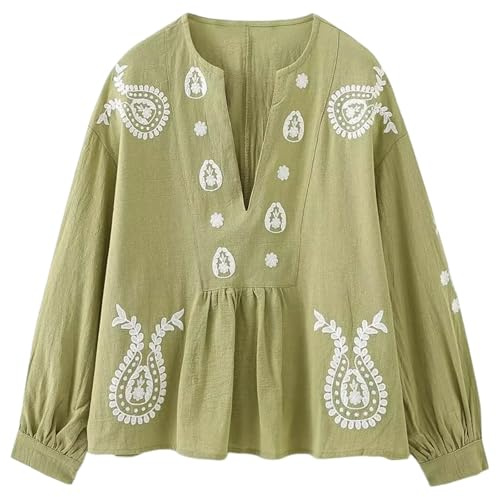 Yimoon Chemisier brodé floral bohème à manches longues bouffantes et col en V pour femme