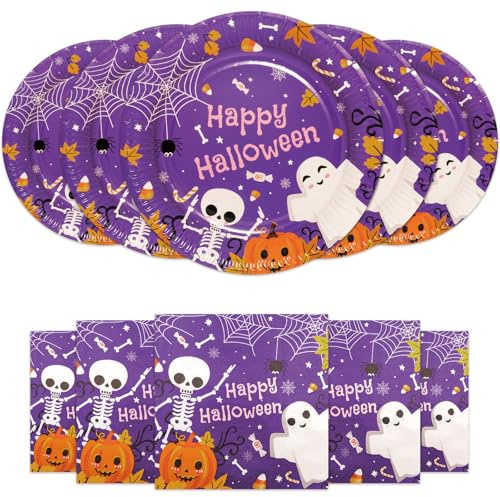 HNH papperstallrikar servetter set för halloween set om 40 söta spöken lila festtallrik med pappersservetter set festservis dekoration