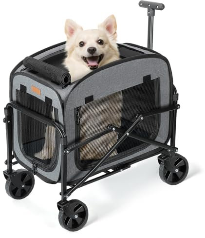 Lekespring Hundetransporter mit Rädern Großer Hundewagen für Hunde und Katzen 18KG, Rollende Haustierkutsche mit großen All-Terrain-Rädern (Grau)