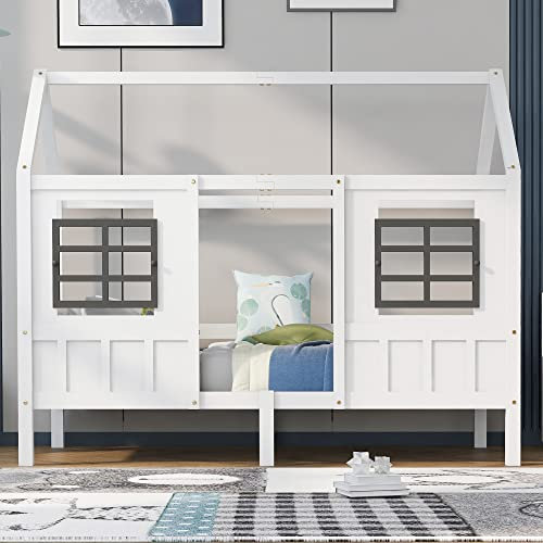Arhatreya Hausbett 90x200 cm, Kinderbett mit Dach, Einzelbett mit 2 Fenstern, Rahmen aus Kiefer, Bett für Kinder Jugendliche, Weiß(Ohne Matratze)