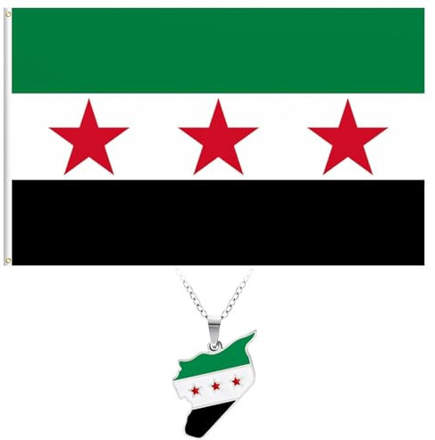 Hpbaggy Syrien-Flagge 90 x 150 cm, Syrische Flagge mit Kette, Wetterfeste Fahne für Innen und Außen, Verschiedene Anlässe, Grün-Weiß-Rot