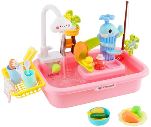 Juguetes de Cocina,Fregadero Juguete con Agua,Cozinha Criança,Juguetes de Pesca Flotantes,Circulación Automática del Agua, Accesorios de Cocina Juguetes, Regalo para niños 3+ (Rosa)