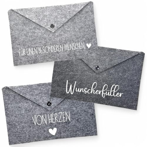 MIJOMA Geschenkumschläge aus Filz – 3er-Set Geldgeschenkverpackung mit Sprüchen – 100% Polyester – 25x16,5 cm – Umschläge mit Druckknopf & Trageband – Ideal für besondere Anlässe