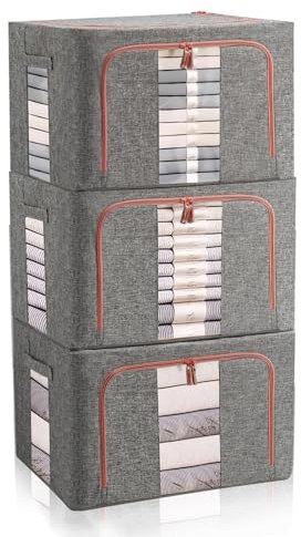 FUSACONY Closet Organizers and Storage 3 Pack Clothes Storage Boxes with Lid and Zips, Foldable Waterproof Oxford Cloth Steel Frame Box for Clothes,Bedding,Blankets,Toys Grey (22L)