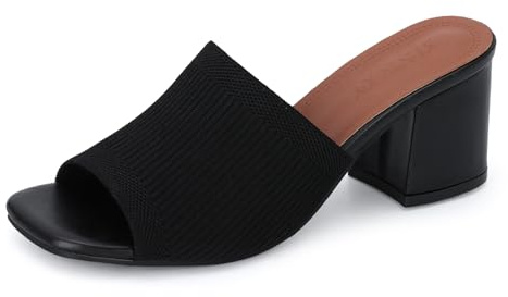 Fecialy Sandali con Tacco in Maglia per Le Donne Punta Aperta Quadrata Tacco Grosso Blocco Basso Mules Slip On Sandalo