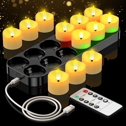 daphomeu 12 Bougie LED Rechargeable Avec Station de Charge, Bougie Chauffe Plat Sans Flamme Avec Minuterie et Télécommande, Fausses Bougies Pour Noël, Halloween, Mariage, Décoration d'Intérieur