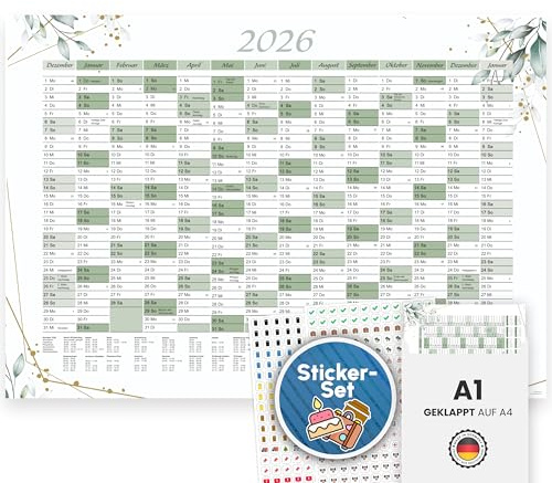 XXL årskalender 2026 och januari 2027 årsplanerare i A1 i vacker eukalyptusbladdesign med semester och helgdagar, väggkalender väggplanerare, kalender, planerare, vikta med 2 klistermärken