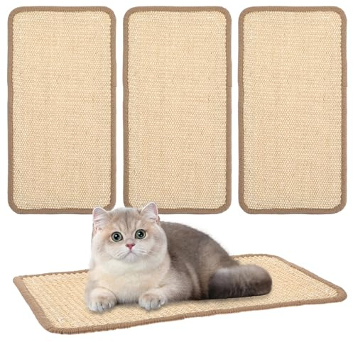 Afcabakila 4 Pack Cat Scratcher Mat, 15.7x7.8 Inch Sisal Scratching Pad with Adhesive Tape, Horizontal Floor Protector for Furniture Sofa Wall - Khaki