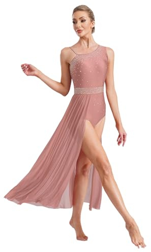 Oyolan Women Lyrical Dance Dresses Glittery Rhinestones Sleeveless Asymmetrical Shoulder Split Dress Dusty Pink S