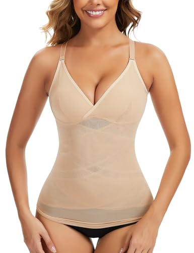 MISS MOLY Top Modellante da Donna con Maglia a Rete, Canottiera Shapewear con Pancia Piatta, Reggiseno a Spalla Elastico, Body Shaper, Camisetta Modellante, Camicia Modellante, beige., L