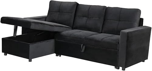 IBERA HOME Sofá Cama Chaise Longue BOGA 3 Plazas Negro Terciopelo 215 x 135 cm - Cheslong Reversible con Arcón y Almacenamiento - Sistema de Arrastre - Tapizado Elegante - Armazón Pino Macizo - Salón