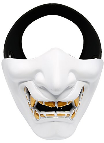 Airsoft Half Face Masks, Evil Demon Monster Kabuki Samurai Hannya Oni Half Face Protective Masks for Masquerade Ball, Party, Halloween, Cs War Game, BB Gun(White)