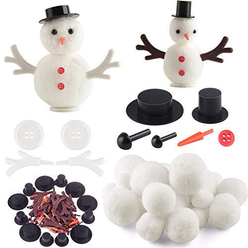 FEPITO 132Pcs DIY Bonhomme De Neige De Noël Faire des Kits Comprend Mini Chapeaux Haut, Nez De Bonhomme De Neige, Ailes en Plastique pour Bricolage Ornement Artisanat De Noël Décoration Fournitures