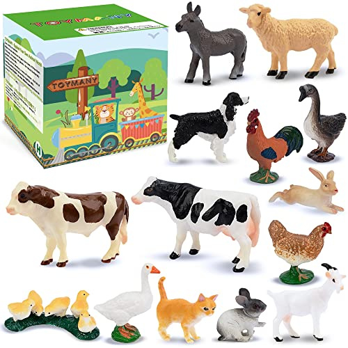 toymany 14PCS Mini Farm Animal Figures Toy, Detailed Texture Farm Figurines Cake Topper Toy Set, Easter Egg Christmas Birthday Gift Party Favor School Project for Kids Children Toddlers