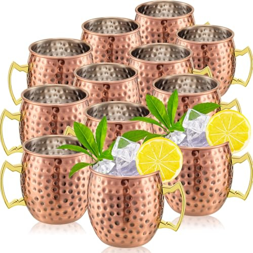 Tessco 12 Pcs Moscow Mule Mugs 16 oz Copper Mugs Kit 304 Hammered Copper Plated Stainless Steel Mule Cups for Cold Drinks Coffee Beer Wine Chilled Drink(Trendy Style,Rose Gold)