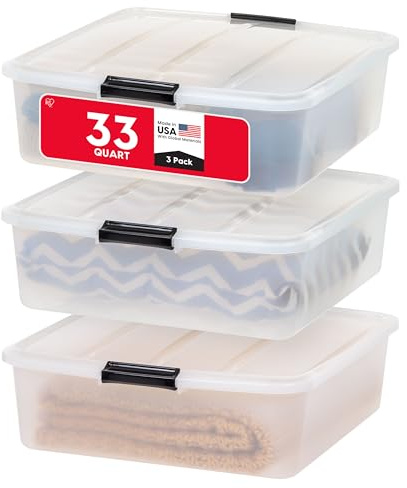 IRIS USA 33 Qt Plastic Under Bed Storage Organizer Bin Container with Secure Lids and Durable Black Buckles, Multi-Purpose for Clothes, Shoes, Clothing, and Bedding, Short, Clear, 3 Pack