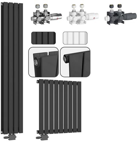 Aquamarin® Heizkörper - Horizontal, Flach, 600x614x52 mm, Einlagig, mit Thermostatventil, Mittelanschluss, Anthrazit - Badheizkörper Handtuchhalter, Design Flachheizkörper, Heizung, Bad