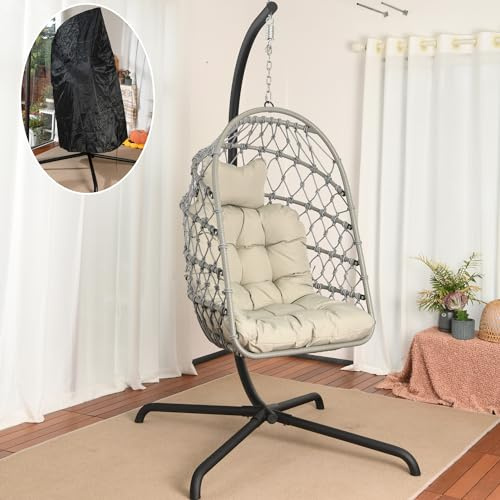 LKINBO Fauteuil Oeuf Suspendu pour l'Extérieur et l'Intérieur - Rotin Chaise Suspendue sur Pied - Pliable Balançoire de Jardin - Chaise à œuf en Osier avec Coussin Capacité 160 kg, Gris