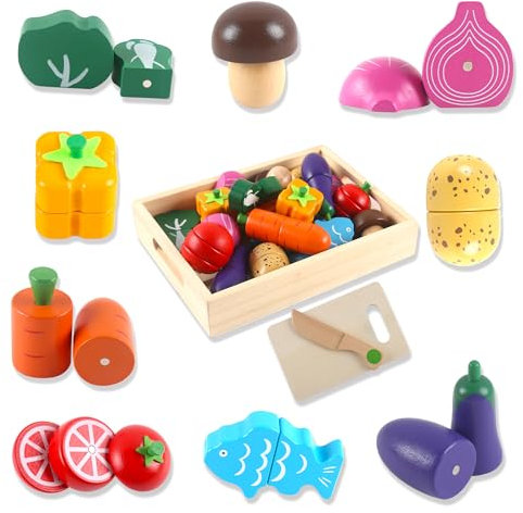 huruirui Spielküche Zubehör,Holz Küchenzubehör Kinderküche Zubehör,Küche Kinder Holzspielzeug,Obst Gemüse Kochsimulation Lernspielzeug für 2+Jährige Jungen und Mädchen