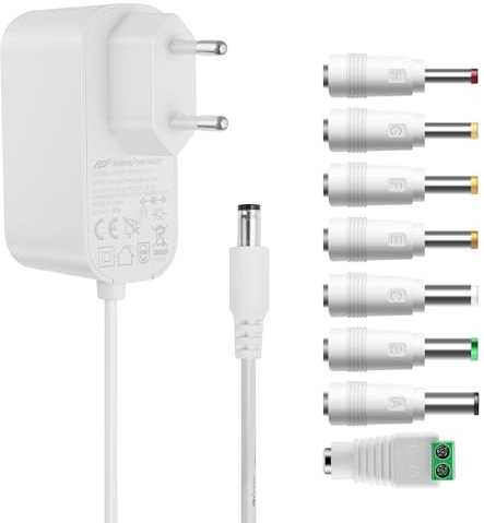 Tonton 12V 1A Adaptateur Secteur DC 12 Volt 12W 1000mA Max Universal AC DC Adaptateur Secteur 800mA 500mA Transformateur avec 8 Prises pour CCTV Caméra de Surveillance Radio Fan (DC12V~1A) Blanc