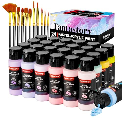 Fantastory Acrylfarben Set Pastell,60ml,24 cremige Farben,12 Pinsel,wasserfest,nicht verblassend,ungiftige Acrylic Paint für Leinwand,Holz,Modelle;Künstler,Profis,Anfänger[Professionelle Serie]