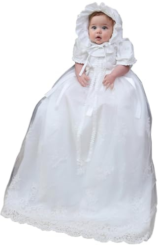 Dopklänning för babyflickor spets blommig broderad dopklänning med hätta