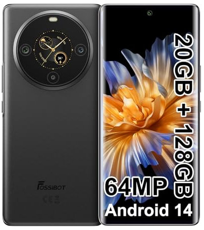 FOSSiBOT Smartphone ohne Vertrag, 6,67-Zoll AMOLED Display mit 1,09 Zoll Rückbildschirm, 64-MP-Kamera, 20GB+128GB, Dual SIM Handy, Unterstützung NFC/GPS/OTG/Fingerabdrucker/Gesichtser (Schwarz)