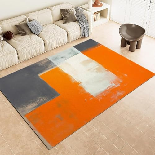 AAFUOO Teppich Wohnzimmer 80x150cm Orange Grau Farbe Abstrakte Malerei Quadrate Teppich, Teppich Läufer Flur, Kurzflor rutschfest Waschbar Teppich für Schlafzimmer, Esszimmer, Jugendzimmer