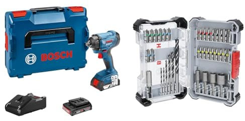 Bosch Professional 18V System Akku Drehschlagschrauber GDR 18V-160 (2x 2.0Ah Akkus und Ladegerät, L-BOXX) + 35x Extra Hard Schrauberbit‑ und PRO Wood Bohrer-Set, 35‑tlg. (197 x 110,5 mm, Zubehör)