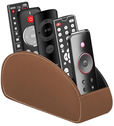 WIYETY Supporto per telecomando con 5 tasche: telecomando, organizer da scrivania, per telecomandi, quaderni, cancelleria, penne, cellulare, marrone