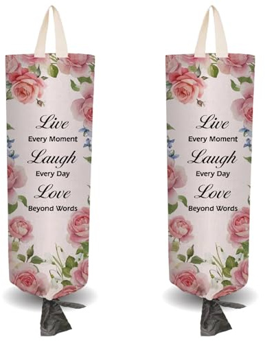 CRASPIRE 2 Soporte Bolsas Plástico Tela Diseño Rosas 4 Ganchos Adhesivos Cuerda Tirar Comestibles Ajuste Libre Organizador Reutilizable Lavable Montaje En Pared Dispensador Almacenamiento Colgante