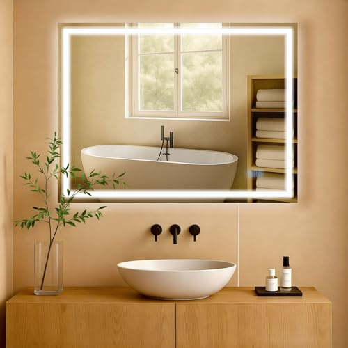 CLP Espejo de Baño con Iluminación Jaffrey, Antivaho, Formato Horizontal y Vertical, Espejo de Pared Regulable, 3 Modos de Luz, Tamaño:60x80 cm
