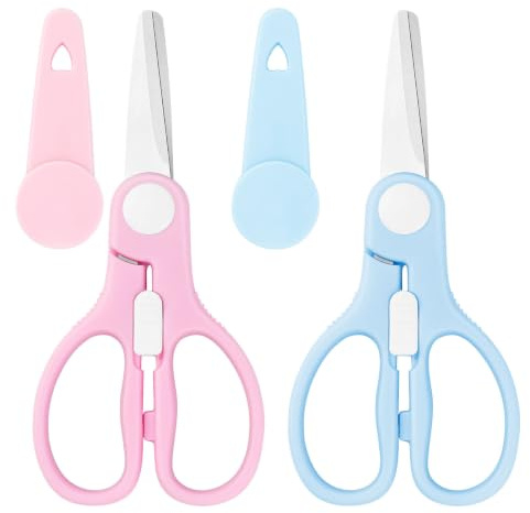 Vutyvve Set di forbici per bambini in acciaio inox con custodia da viaggio, ideali per tagliare carne, pasta, verdure, rosa/blu.