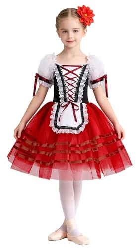 Zaldita Vestito da Balletto Maniche a Sbuffo per Bambina tutù Ballerina in Tulle Body Ginnastica da Danza Classica in Pizzo Abito da Ballo Latino Jazz Salsa Saggio Rosso 13-14 Anni