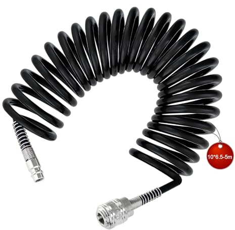 SRJQXH 5m Tuyau Air Comprimé, Spirale Tuyau Compresseur D'air, Diamètre 10x6.5 mm Flexible Compresseur Air, Noir, avec Connecteur, pour la Maison, L'atelier, L'atelier de Réparation Automobile