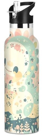 Cartoon Dinosaur Childlike Doodle Style Pastel Colors Leakproof BPA Free Water Bottles with Leak Proof Spout Lid Double-Wall Vacuum Insulation for Sport Gym Outdoor Travel School