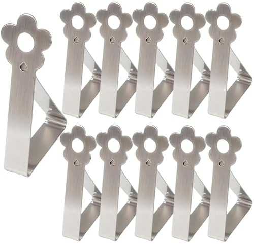 10 Pièces Pince pour Nappe de Table Extérieur, Design Fleuri en Acier Inoxydable Adjustable, Fixation pour Tables de 2.5 à 3.5 cm d'Épaisseur, pour Pique-Nique, Jardin, Mariage, Cuisine, Fête (Argent)
