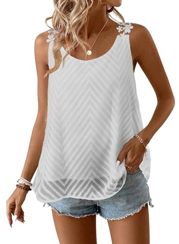 Falechay Plus Size Tank Top for Women Summer Womens Sleeveless Tops Babydoll Dressy Blouse Boho Elastic Loop Casual Flowy Blouses Crew Neck Fall Ruffle Shirts White XL