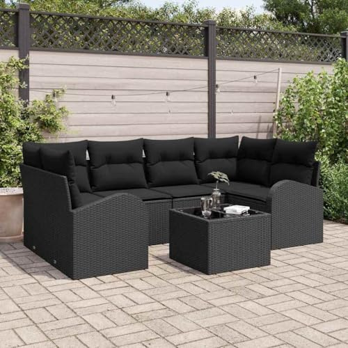 Owoxanthellate Lounge da giardino, 7 pezzi, nero, 55 x 55 x 37 cm, in rattan sintetico, con panca ad angolo e tavolo, design moderno, robusto per balcone, terrazza o piccola area di seduta
