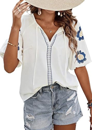 CXMSYY Womens Summer Blouses Floral Embroidered Puff Short Sleeve Shirts V Neck Boho Tunic Casual Blouse