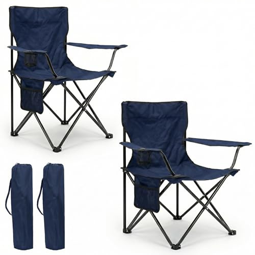 azorex Silla Plegable de Camping con Respaldo y Reposabrazos 48x49x80 cm, Portavasos y Bolsillo, Ultraligera Portátil para Playa, Pesca, Jardín y Excursiones – Incluye Bolsa (Marino, Pack de 2)