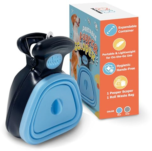 potomo Dog Pooper Scooper – Hands-Free Dog Poop Scooper with Bag Attachment & One-Handed Use – Clip-On, Portable Poop Scoop for Small & Medium Dogs – Built-in Dispenser with 10 Bags (Blue)