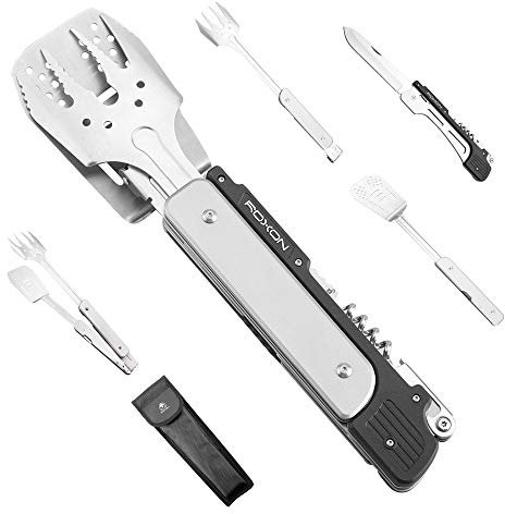 ROXON MBT3 6-in-1 Multifunktionales abnehmbares faltbares Grillwerkzeug-Set für Hinterhof-Grillen, Grillen und Camping