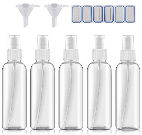 DreiWasser 5 flaconi spray atomizzatore da 100 ml vuoti, flacone spray con 6 etichette, 2 imbuti per profumi, oli e agenti fissanti